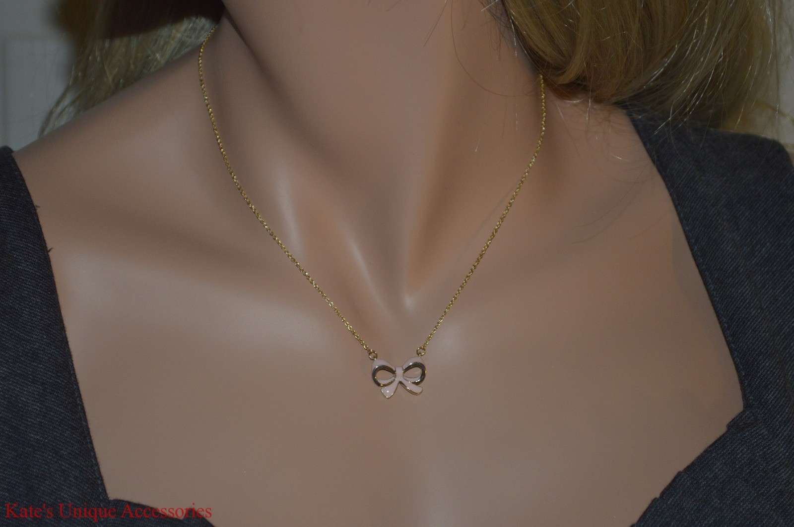 Lovely Gold Tone Chain & Pink Bow Tie Pendant Necklace Great Gift Idea For HER