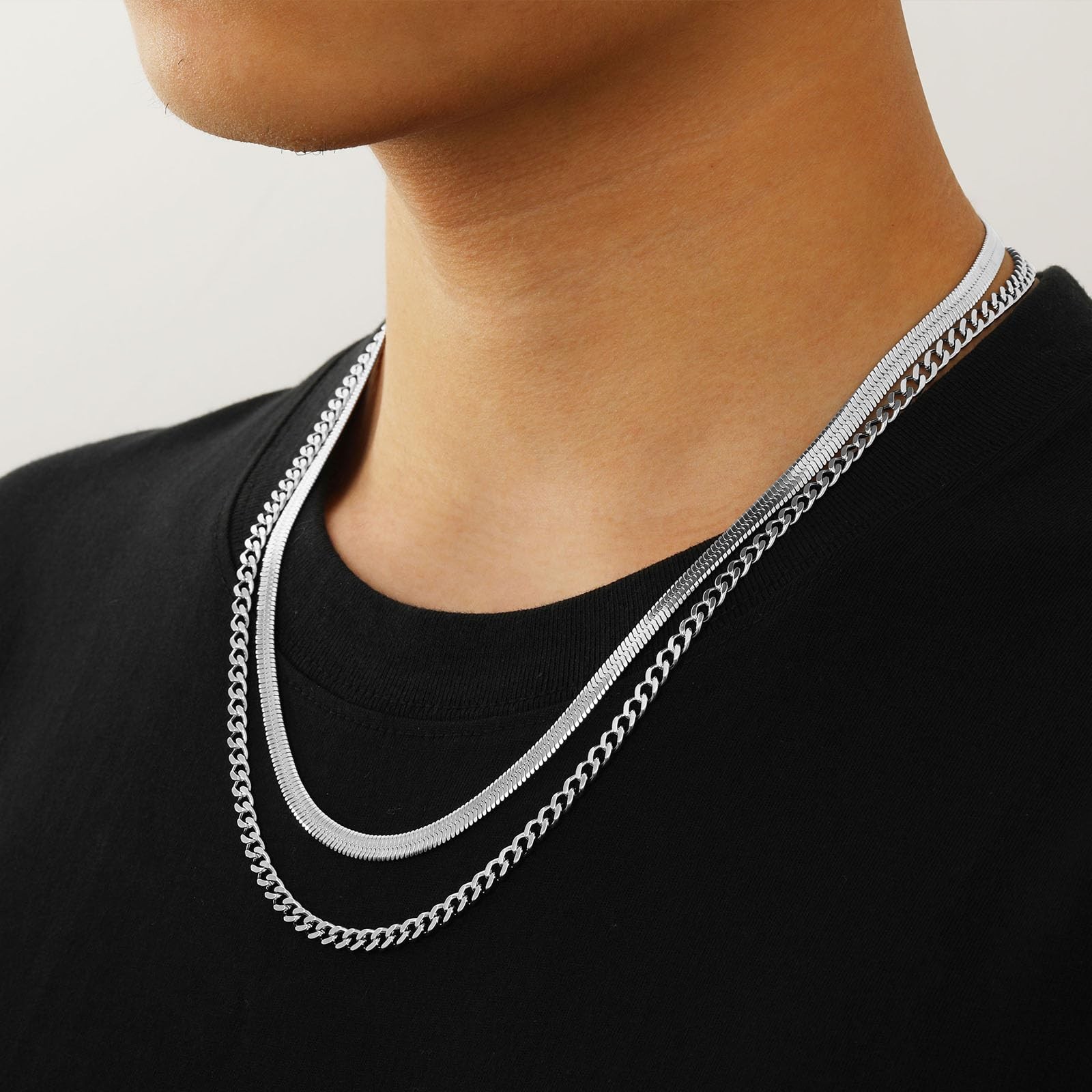 Lydow Layered Silver Chain Necklaces for Men, 2PC Double Stainless Steel Cuba…
