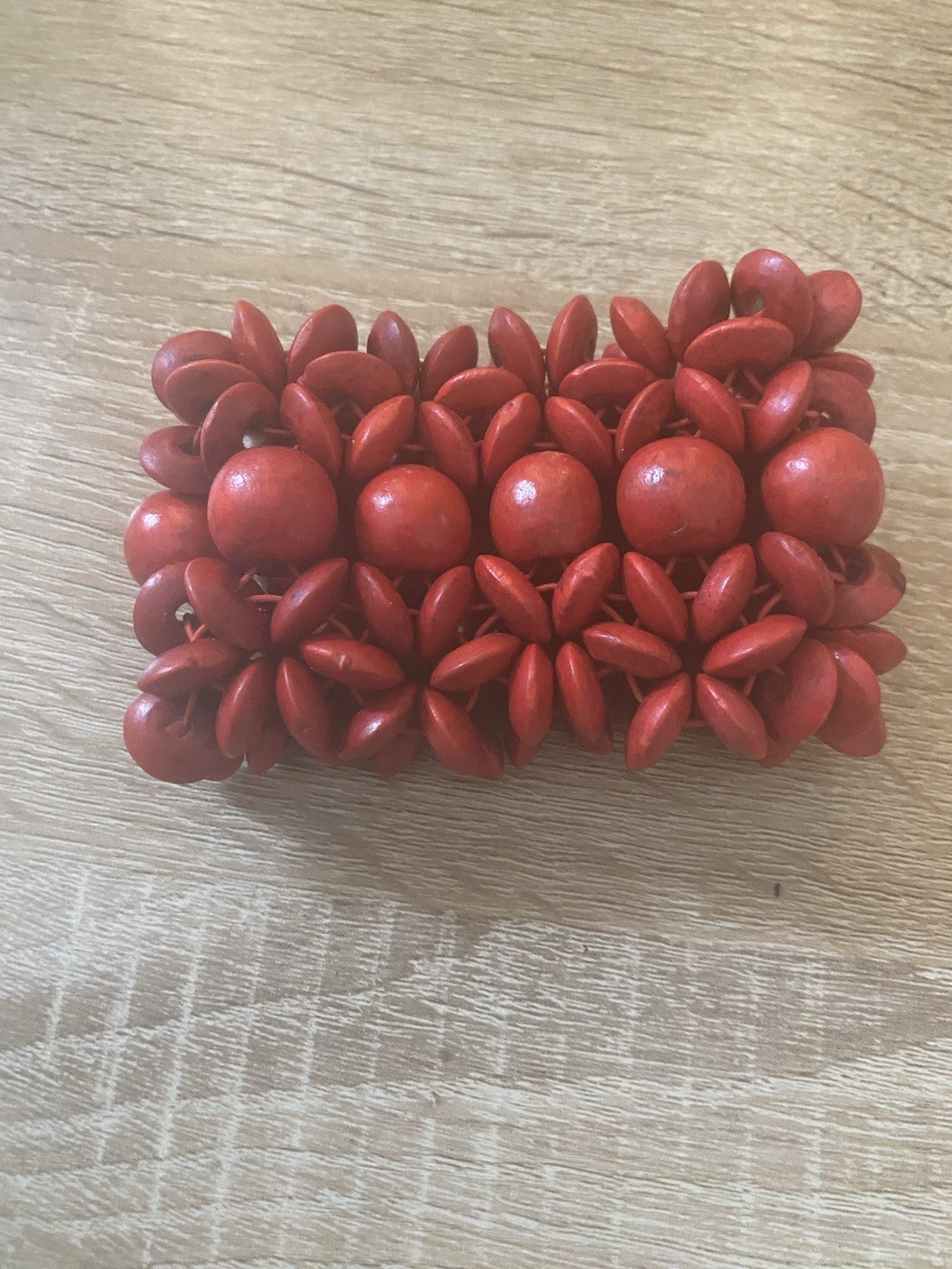 Red Beaded Stretch Bracelet Chunky Red Carved Wood Beaded Stretch Cuff Boho