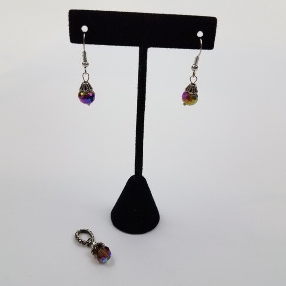 Earrings pendant set necklace purple silver tone reflective dangle bead