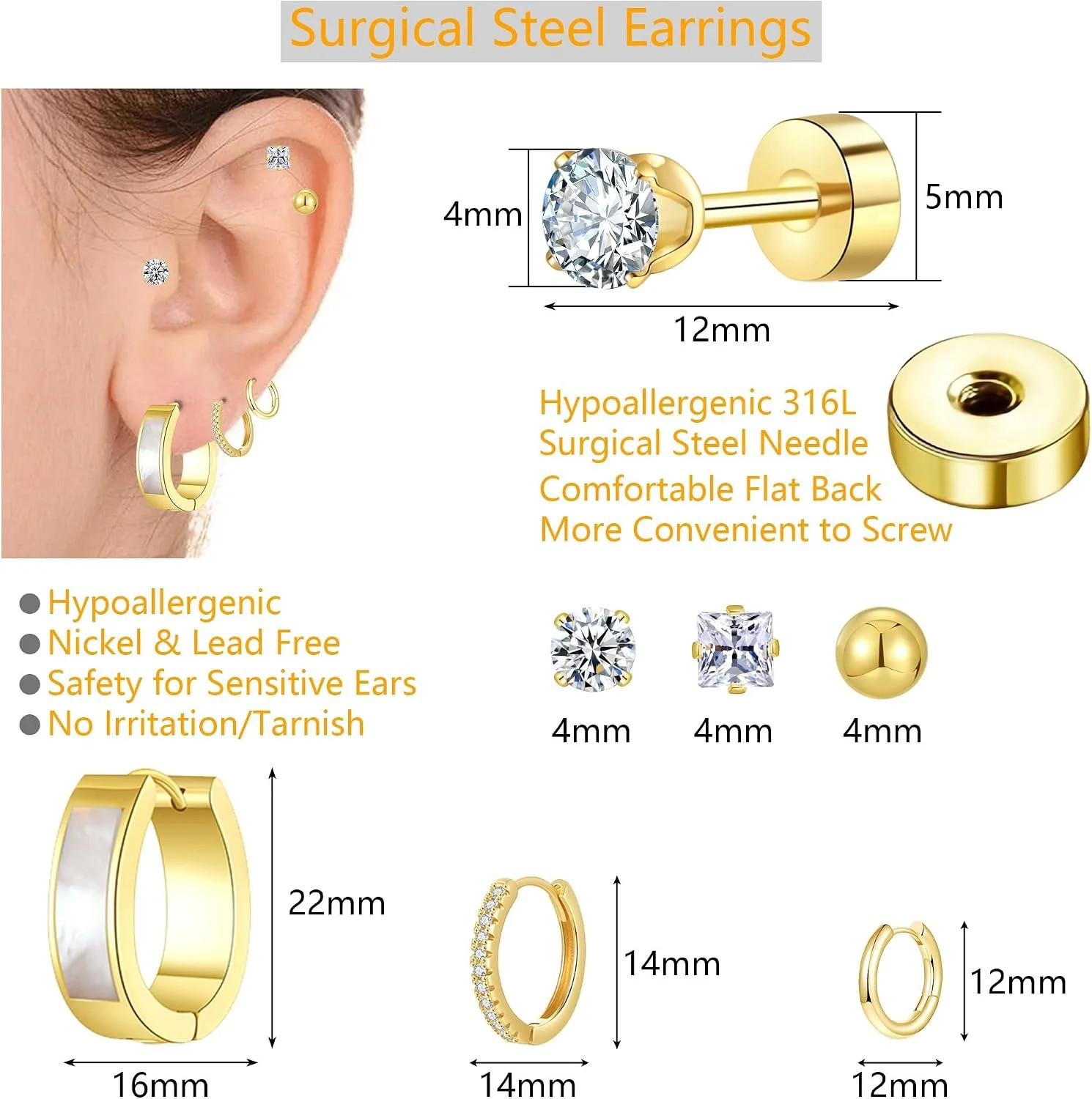 Silver Gold Plated Surgical Steel Flat Back Earrings for Women Hypoallergenic 14