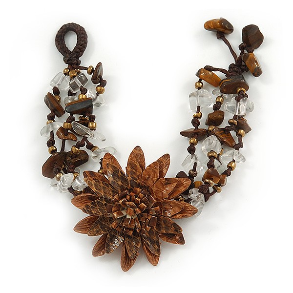Handmade Leather Flower Semiprecious Bead Cotton Cord Bracelet (Brown/