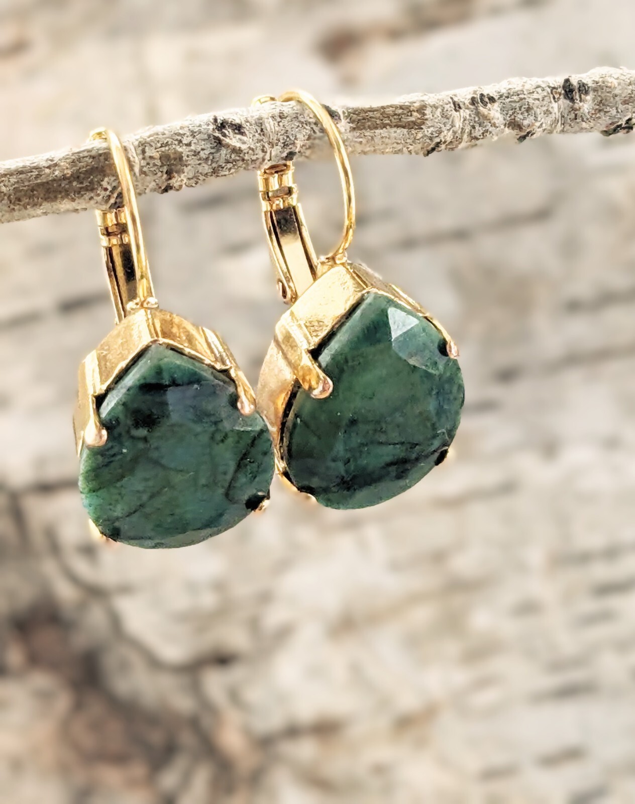 29.0 Total Carats Natural Emerald Rough Cut In Drop 18k Gold Plated Earrings