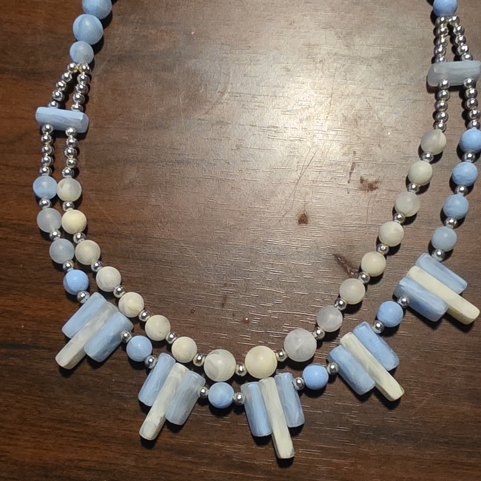 Blue & White Lucite Beaded Statement Necklace Hook Clasp Hong Kong 21in