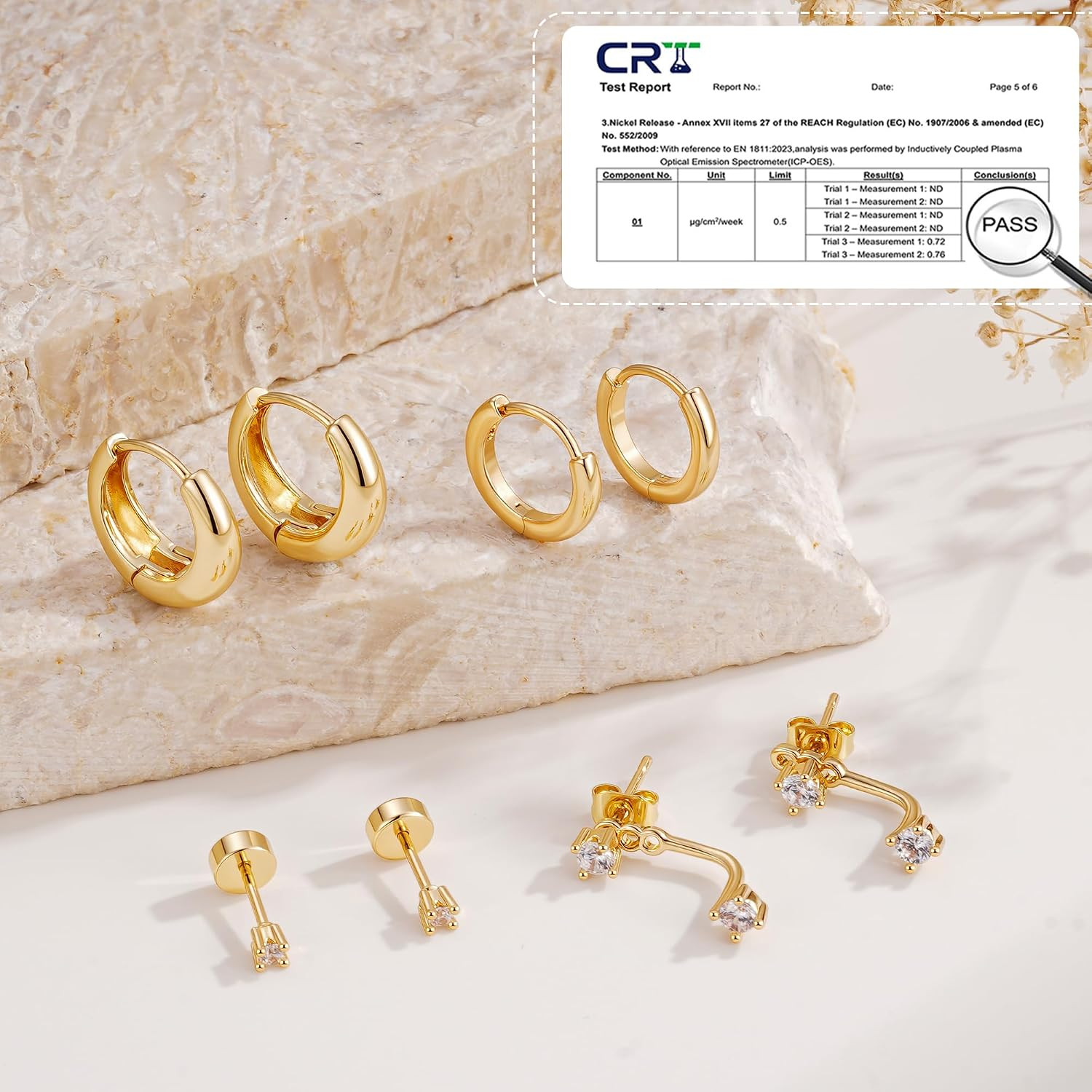 14K Gold Plated Hoop Earring Set, Hypoallergenic Flat Back Stud Earrings Stack S