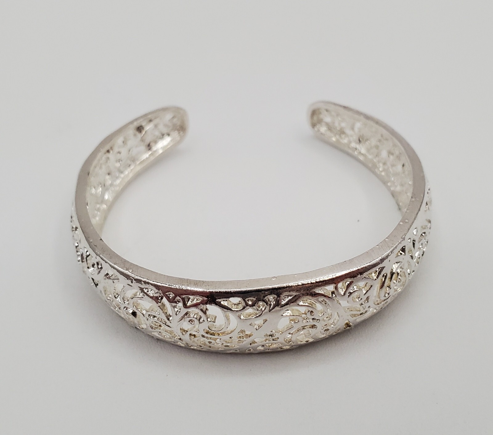Filagree Cuff Bracelet 6in Polished Silver Tone Metal Small Wrist Snug Fit