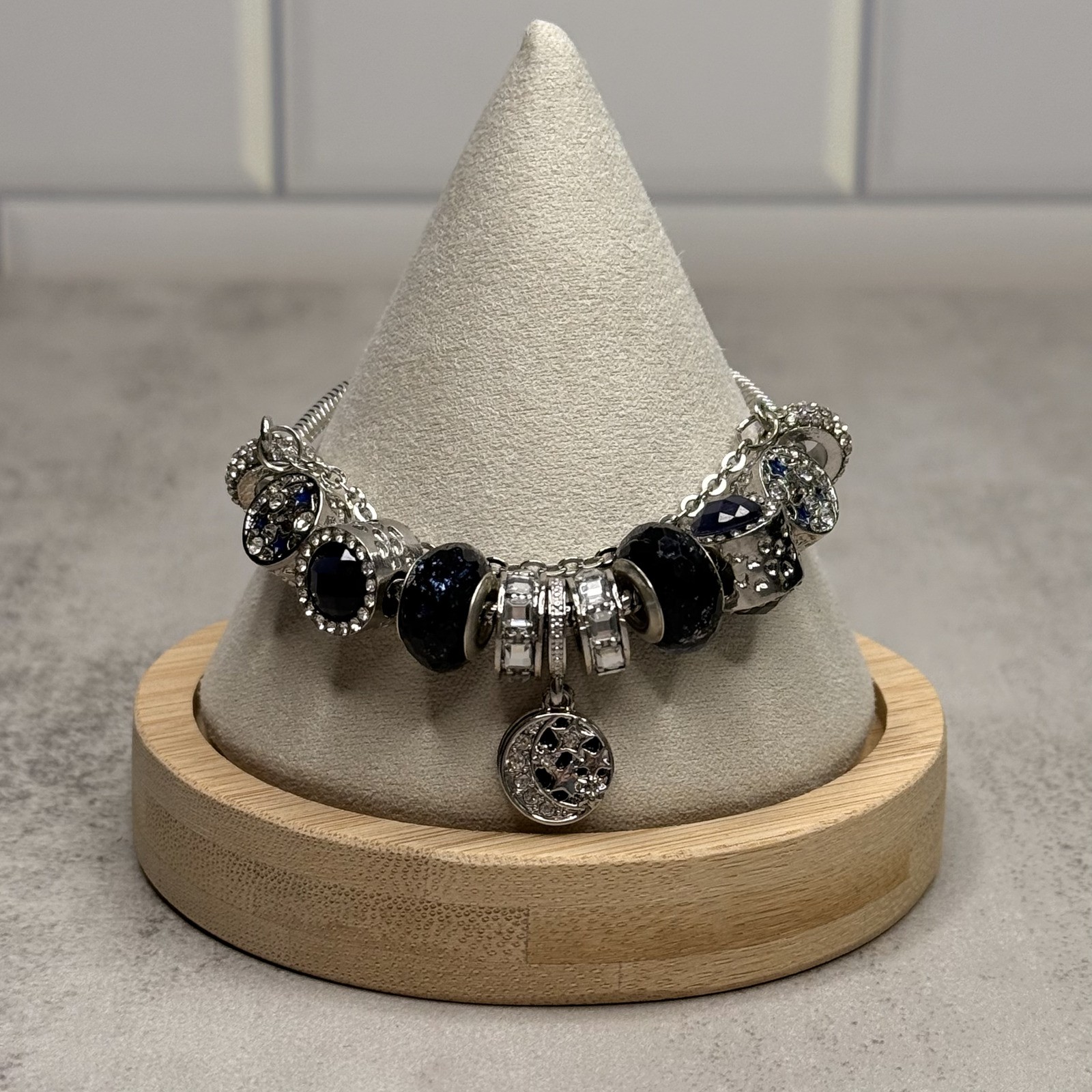 Celestial Charm Black Crystal Moon & Star Silver Bracelet