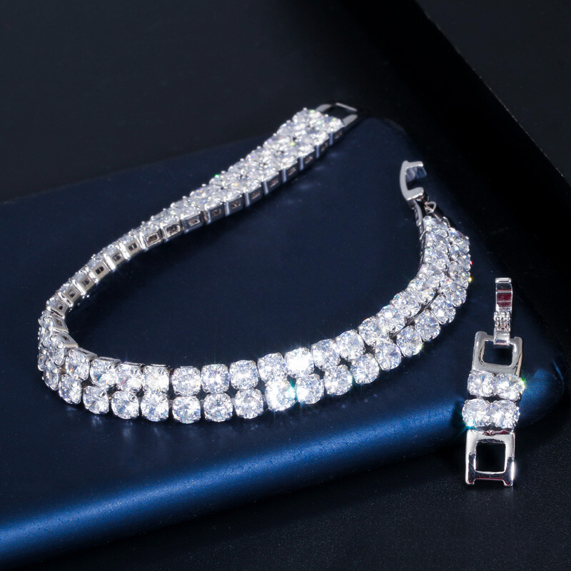 CWWZircons 2 Row Round Silver Plated Cubic Zirconia Green Women Tennis Bracelet