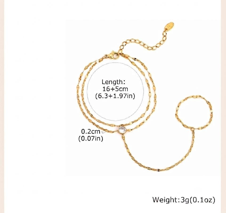 Gold Tone Hand Chain Bracelet Ring Adjustable Stainless Steel Finger Bracelet