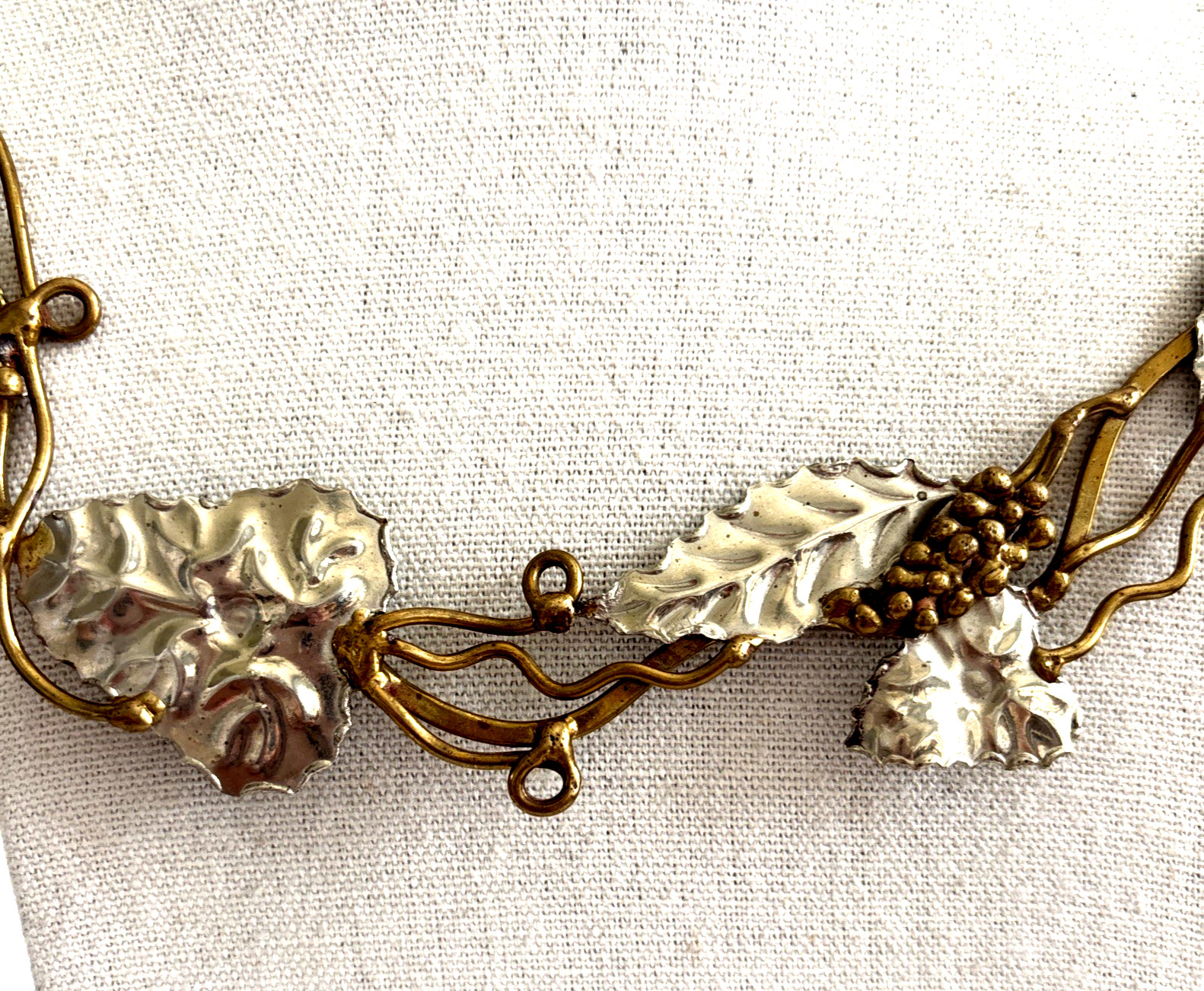 Two Tone Artisan Collar Necklace Gold Silver Color Leaf Grape Bunch Boho