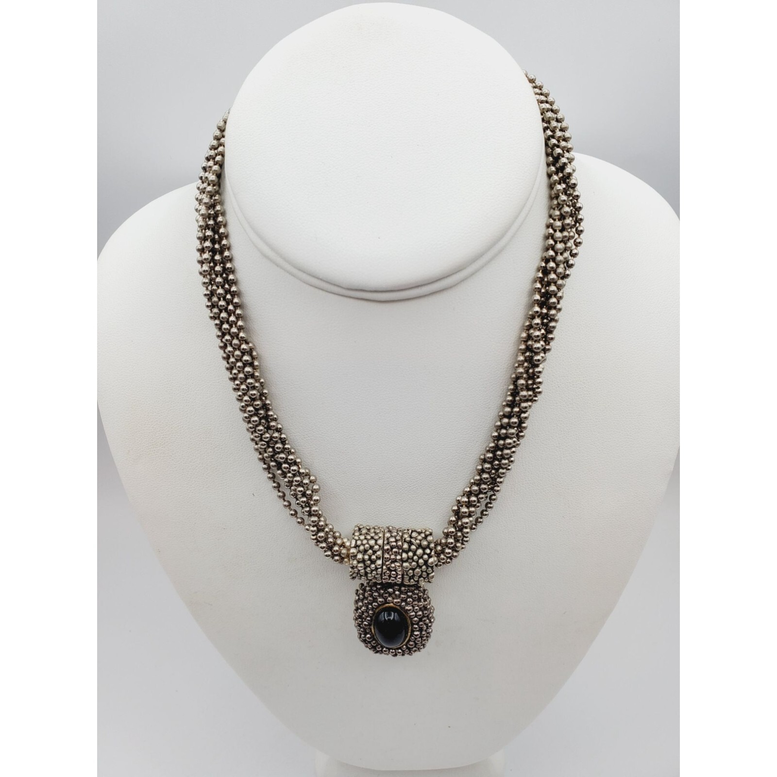 Silver tone chain Multi strand beaded cluster pendant necklace 15″