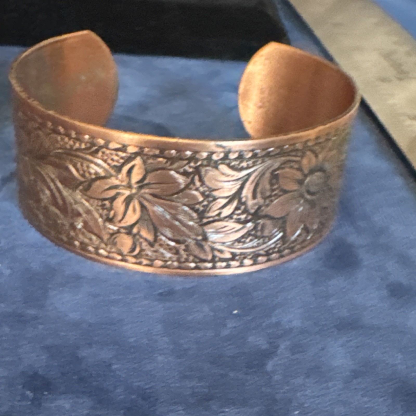 Copper Floral Engraved Cuff Bracelet Sizable Less Than 8in Flower Shape
