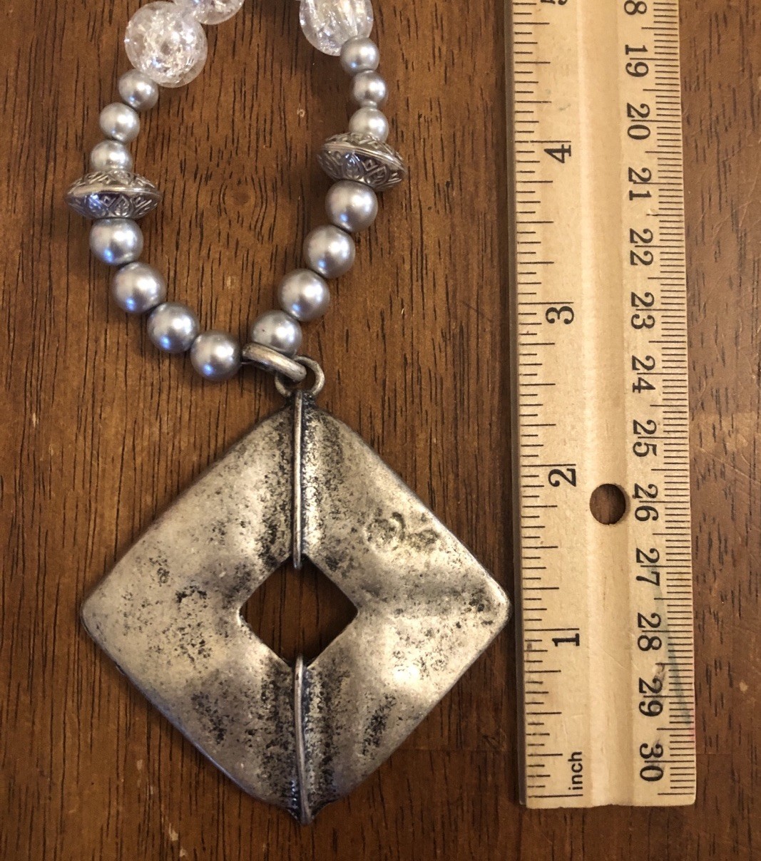 Heavy Mixed Beaded Necklace Rustic Silver Tone Pendant 23.5 In (T1)