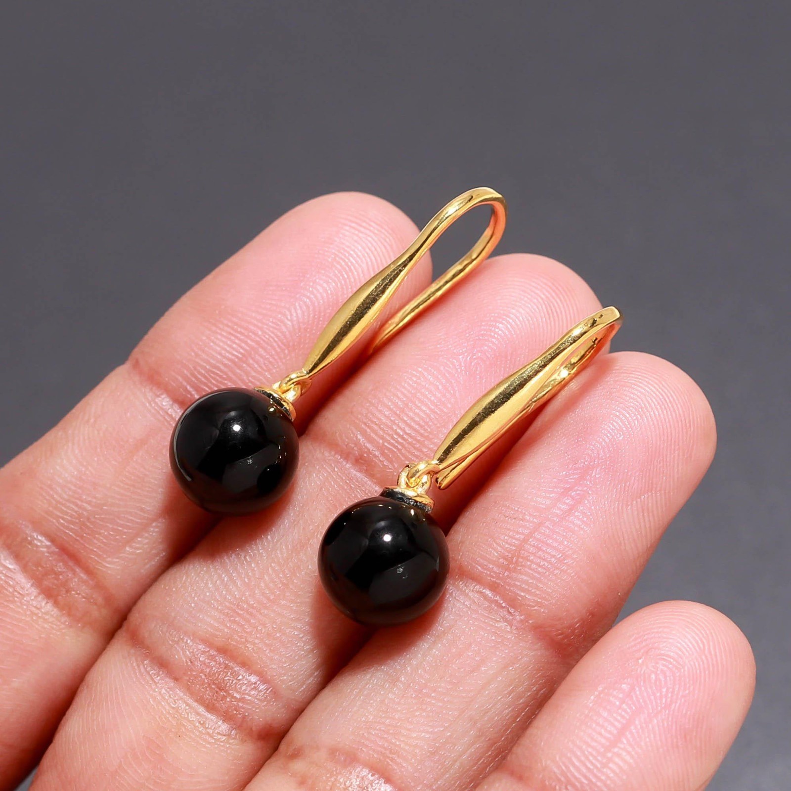 Natural Black Onyx Ball Dangle Earrings Gold Plated 925 Sterling Silver Jewelry