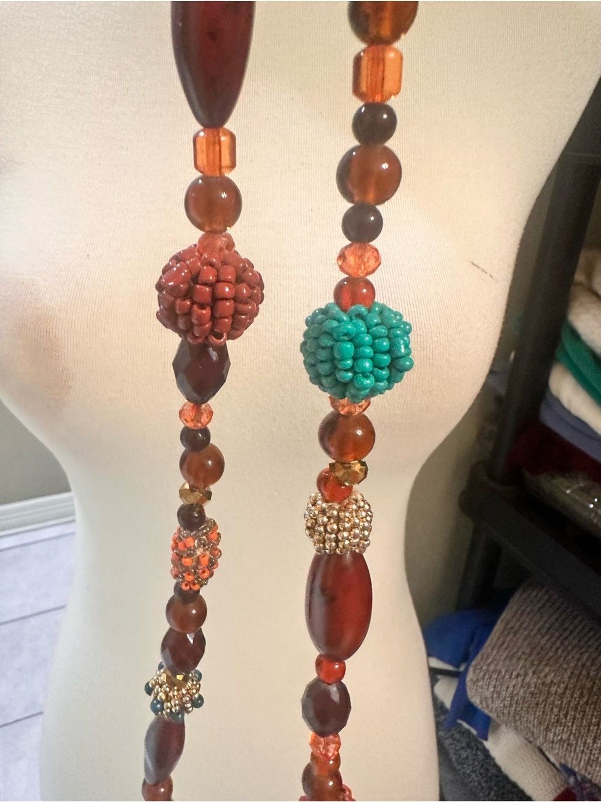 Source Unknown Brown and Teal Beaded Long Necklace