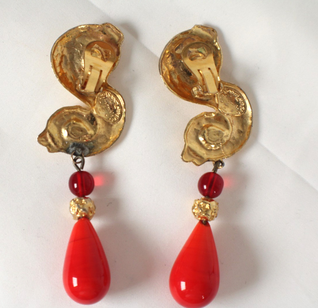 YVES SAINT LAURENT Vintage Gold Metal, Crystal & Glass S-Swirl Clip-On Earrings