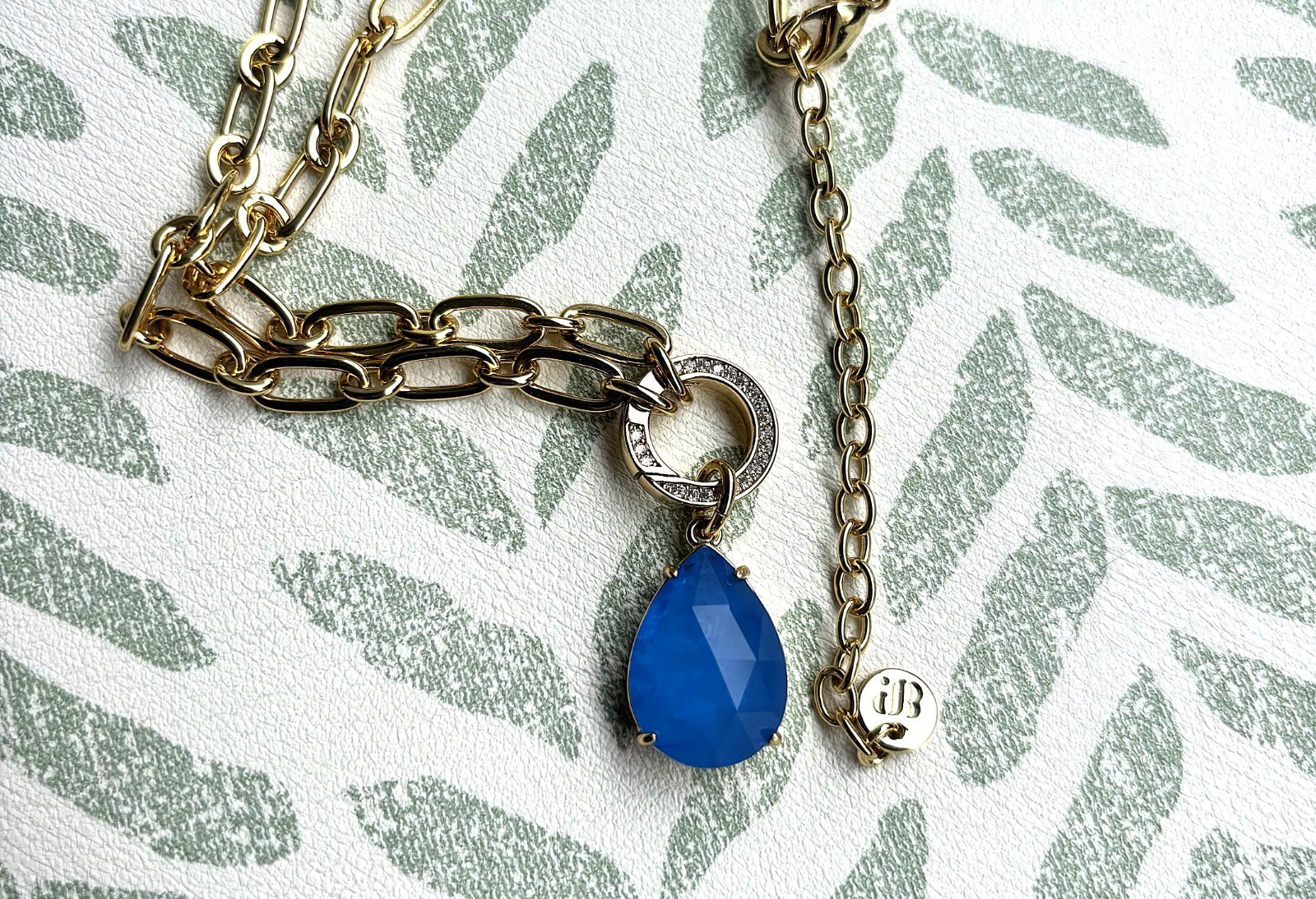 Bomb Party BP OG Necklace-Blue stone, removable charm. Gold paperclip necklace.