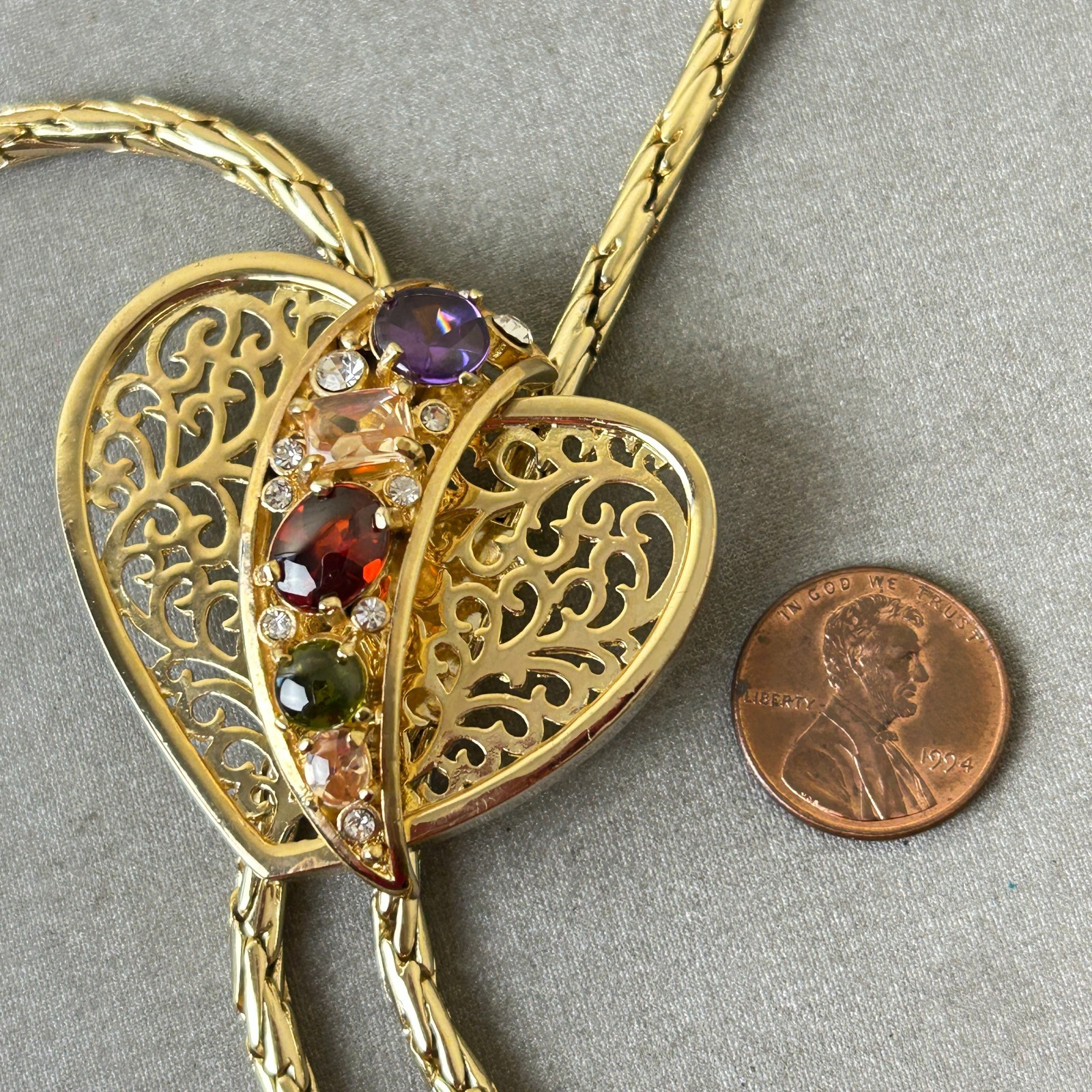 Gold Tone Lariat Chain Necklace – Heart Bolo Slide – Crystals Open Back Setting