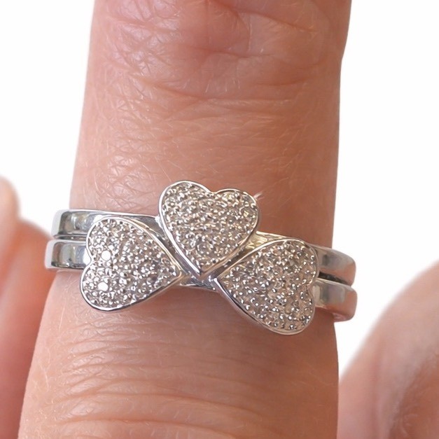 Pave’ Heart Stacking Ring Set 2 Piece Shimmering CZ Cluster Rings Silver Tone 7