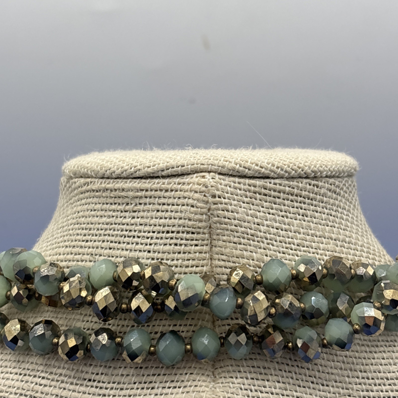 60” Faceted Glass Bead Necklace Metallic Gold Sage Green Long Wrap