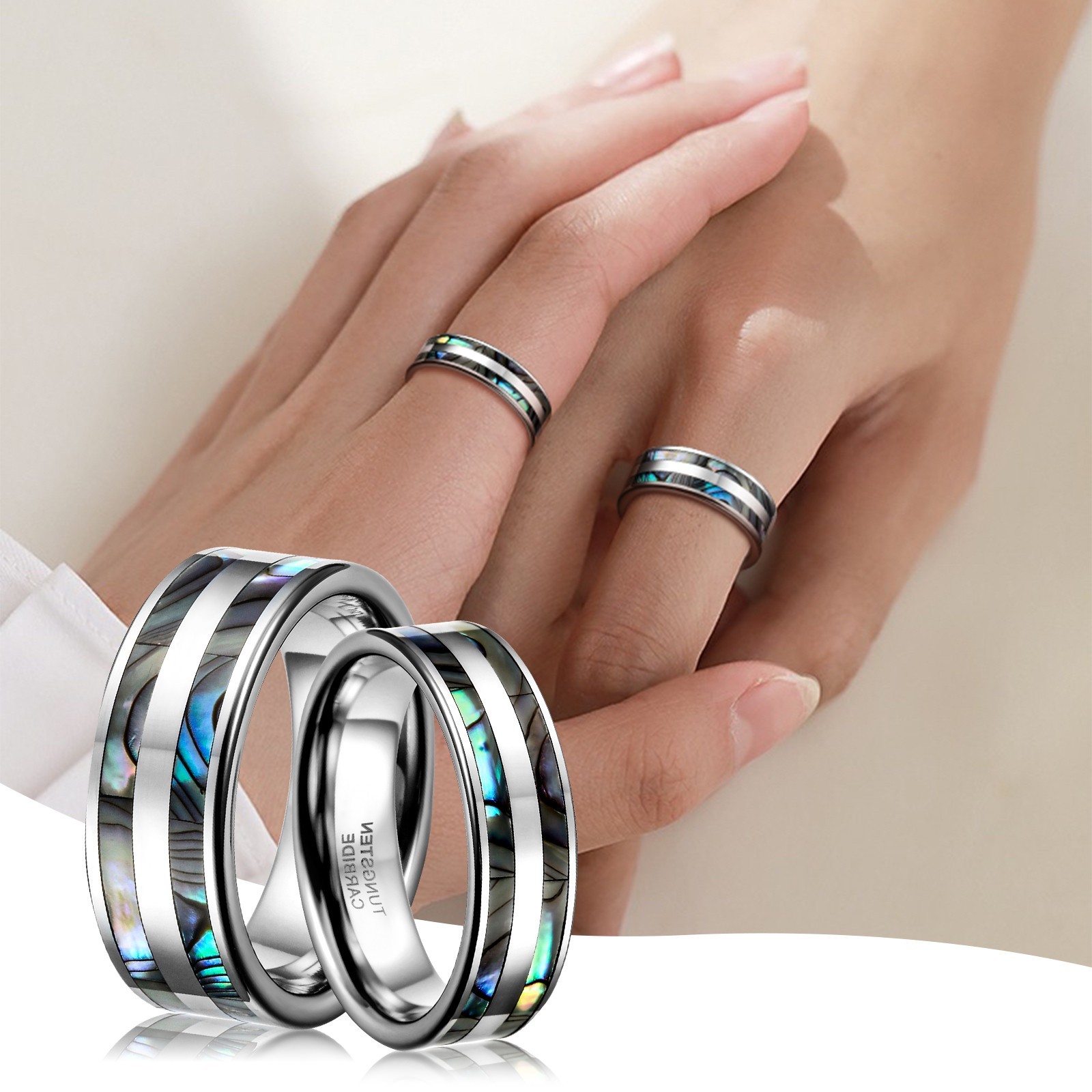 Comfort Fit Tungsten Carbide Ring Black Double Abalone Shell Inlay Wedding Band