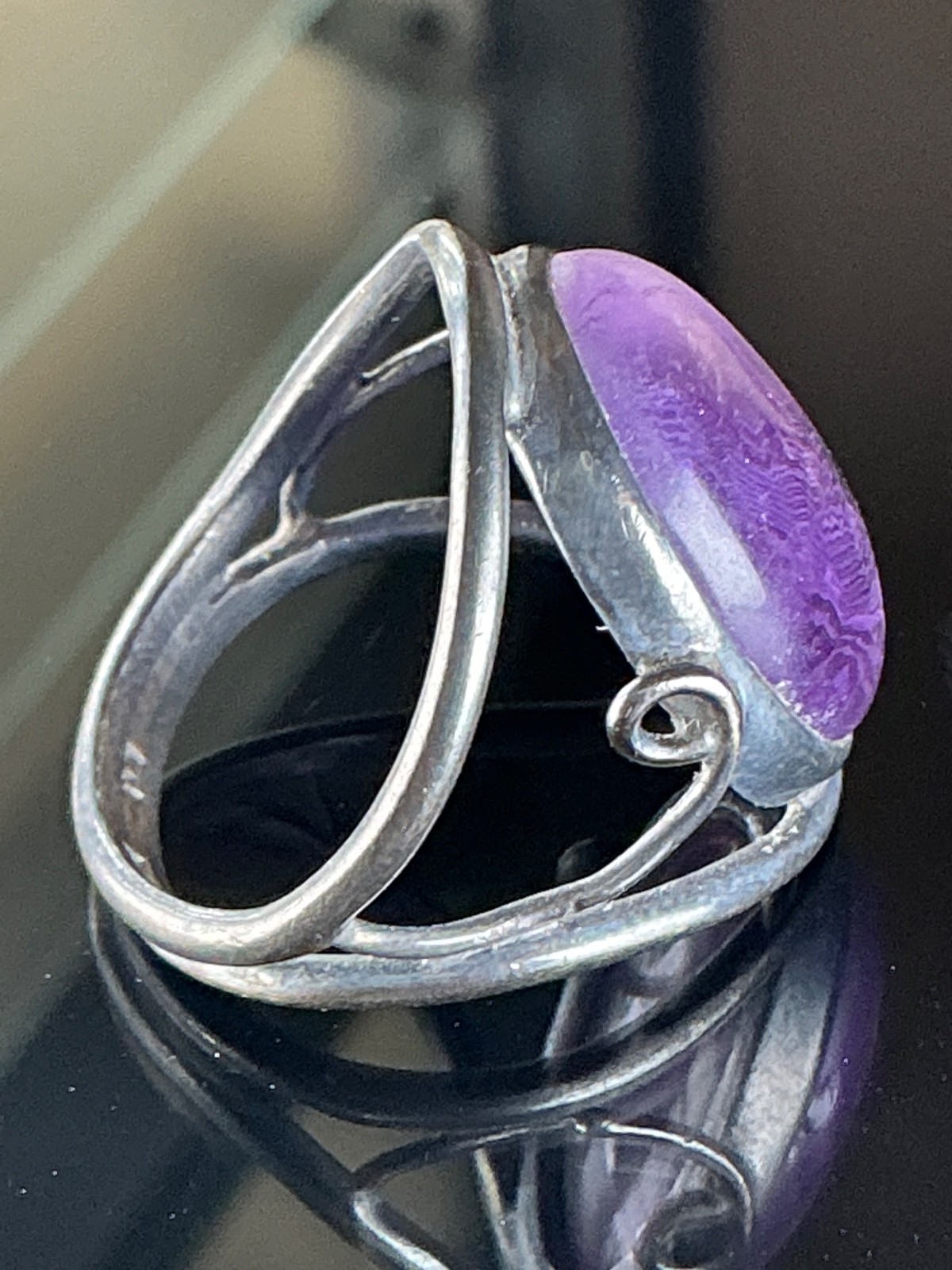 Old Vintage Unique Style Purple Amethyst Stone Silver Ring Size 10