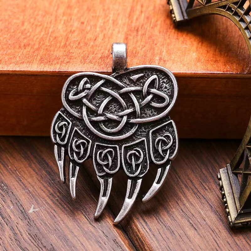 Silver Bear Paw w. Celtic Knot Pendant Necklace Chain Norse Viking Jewelry Gift