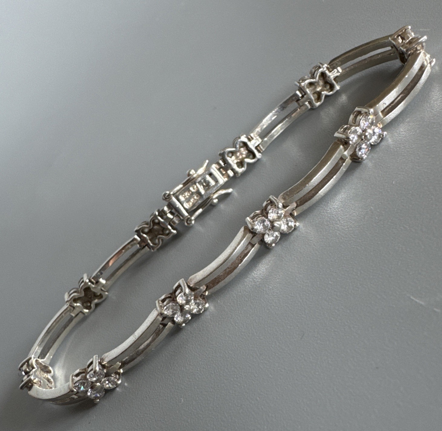 Sterling Silver 925 CZ Flowers Bar Link Panel Bracelet Fully Hallmarked 7” Long