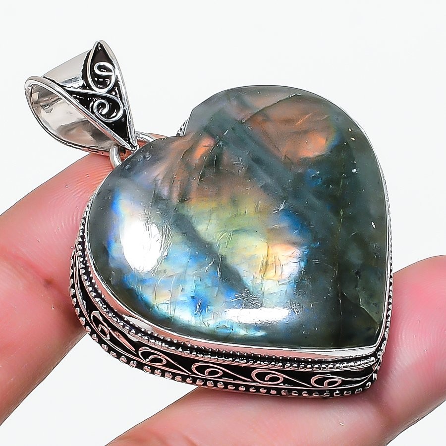 Blue Fire Labradorite Heart Shape Gemstone Pendant Vintage Jewelry 2.3″ VP 3552