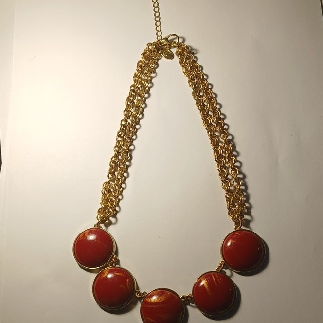 Gold red statement chain necklace, round link, lobster closure, 19-24 in