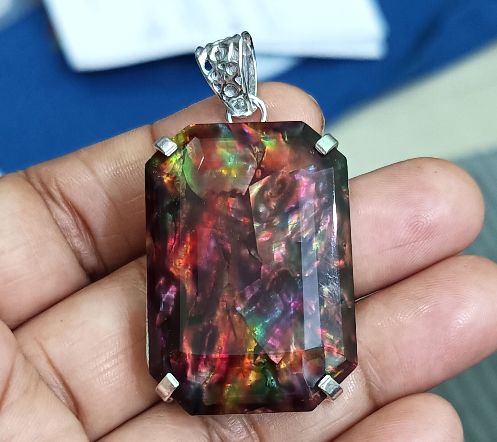 84.75 Ct Natural Ammolite 925 Solid Silver Rainbow PENDANT Certified Gemstone
