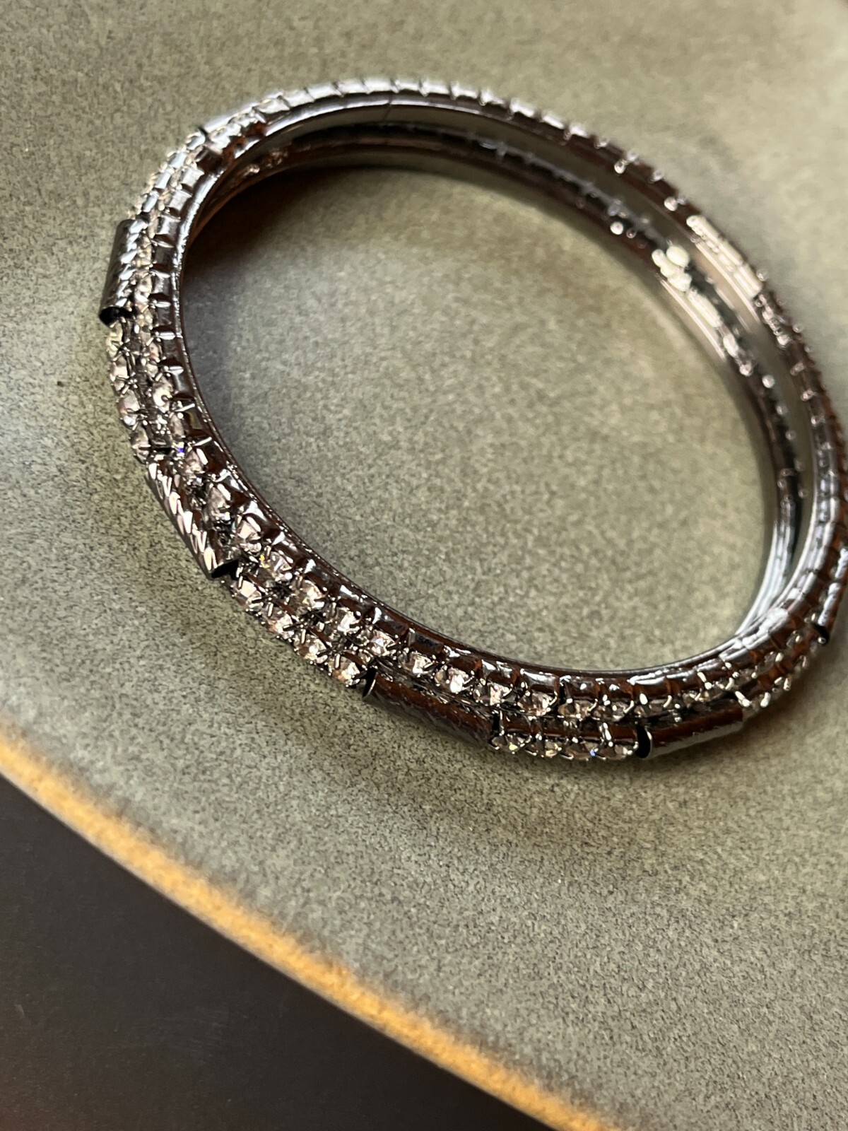Clear Rhinestone Encrusted & Oxidized Silvertone Bangle Bracelet – 2.25 inches a