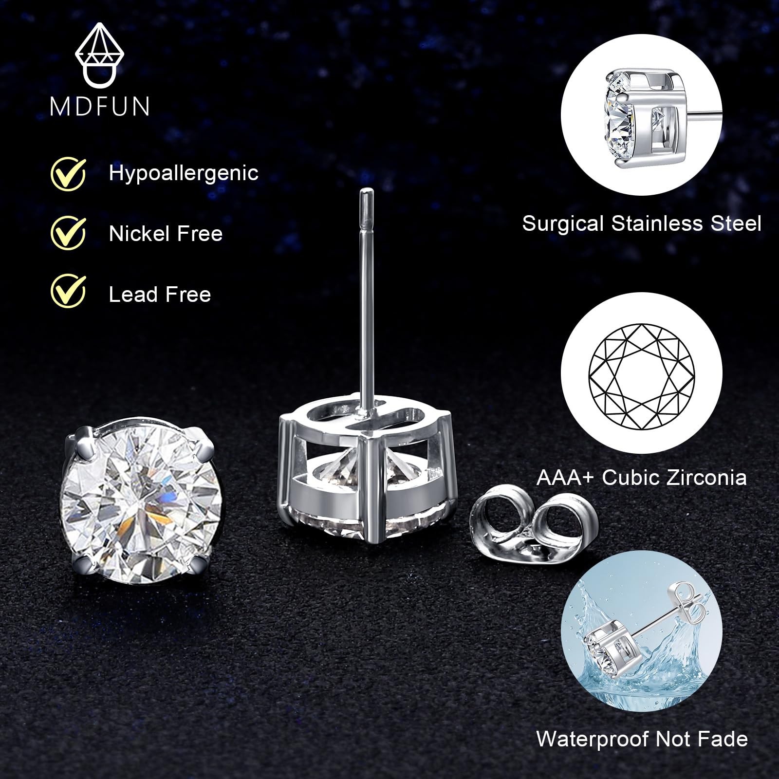 Titanium Stud Earrings Set Hypoallergenic Cubic Zirconia Round Surgical Stain…