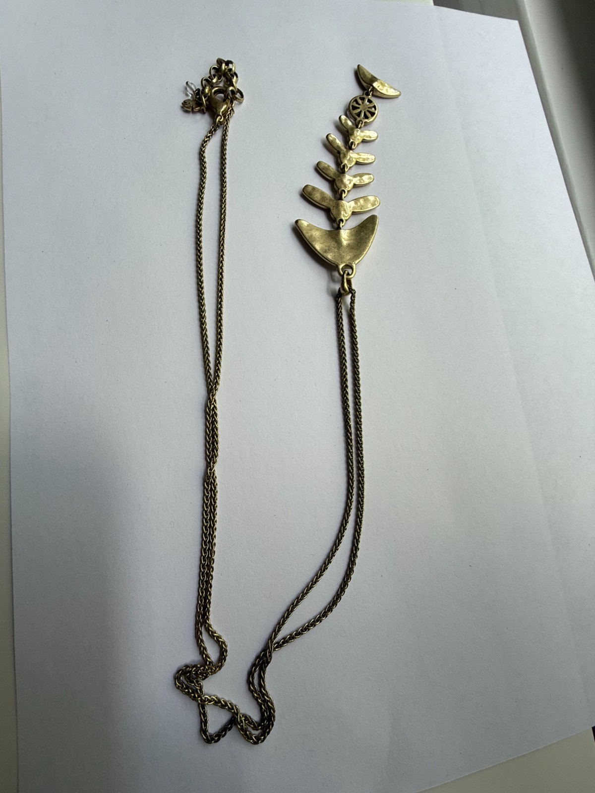 Fish Bone Skeleton Pendant Necklace Articulated Compass Lucky Brand Gold Tone