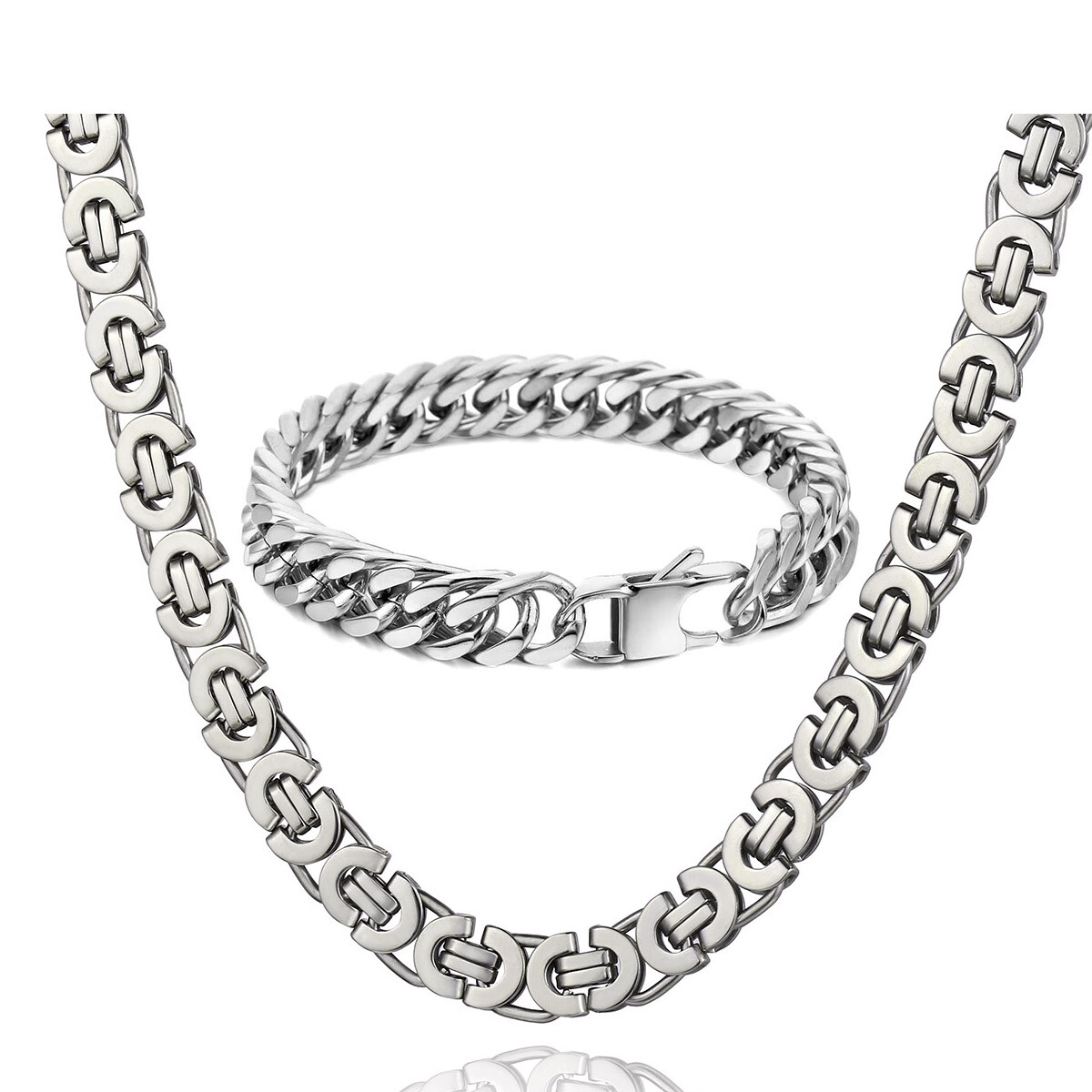 11mm Men’s Stainless Steel Bracelet Necklace Jewelry Set Byzantine Chain 8-30in