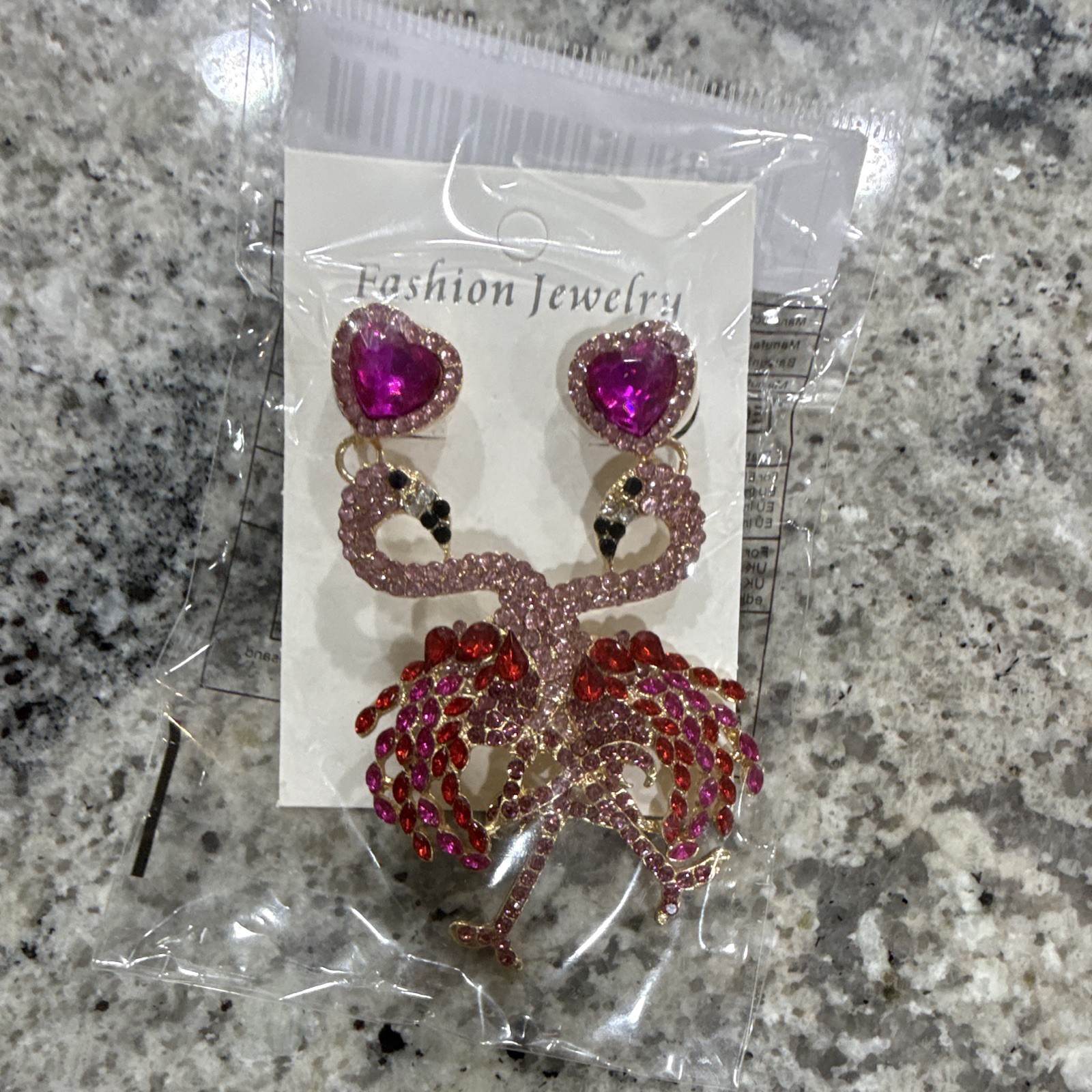 Pink Flamingo Dangle/Drop Earrings Rhinestone Crystal Heart Studs Nickel-Free