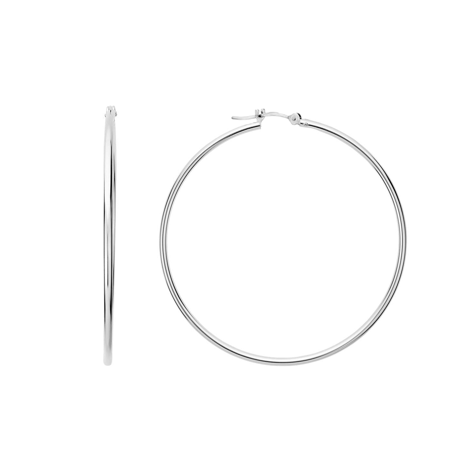 14k White Gold 1.5mm Shiny Round Tube Hoop Earrings, Diameter 40mm