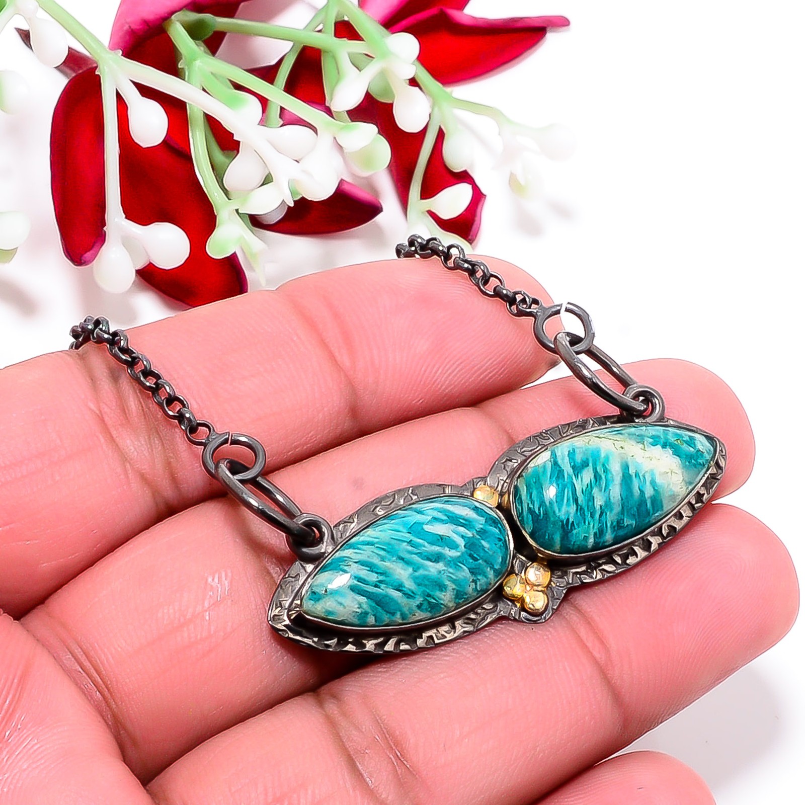 Amazonite Black & Gold Rhodium 925 Silver Chain Pendant 18-22″ Cp10468118511