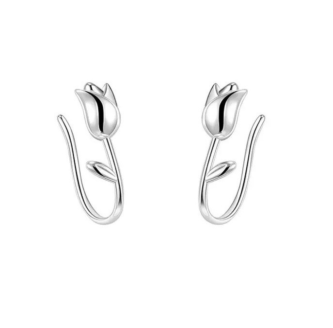 925 Sterling Silver Tulip Flower Hoop Earrings Cute Floral Dangle Earrings 322