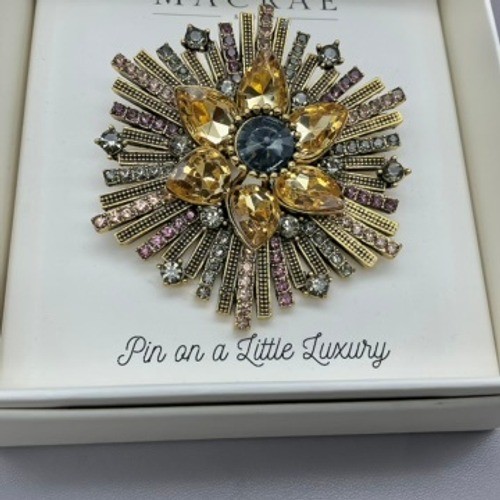 Macrae Brooch Womens Gold Tone Sunburst Rhinestone Floral Statement 2.5 Inch