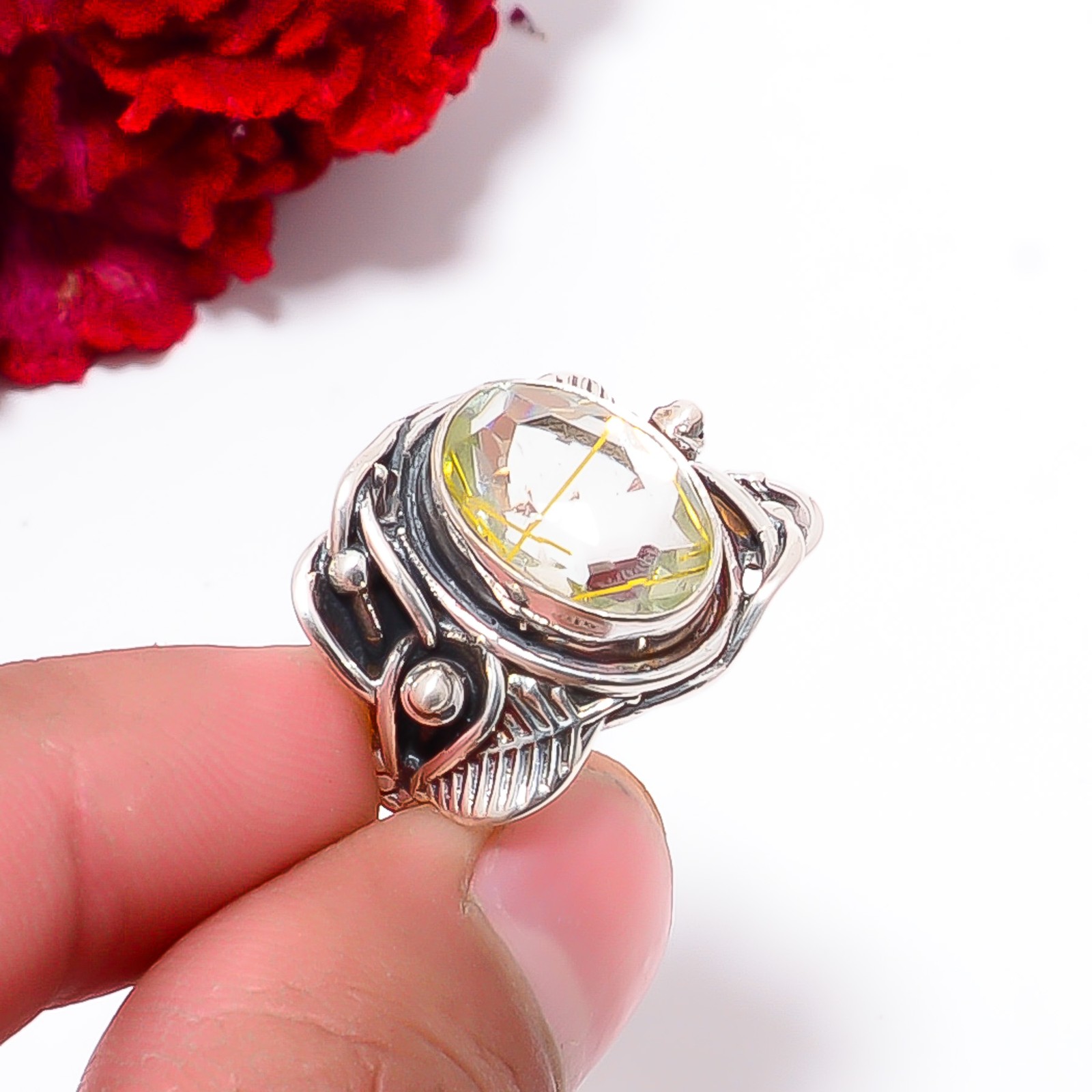 Golden Rutilated Quartz Handmade Oxidised 925 Sterling Silver Ring S.6 R97923