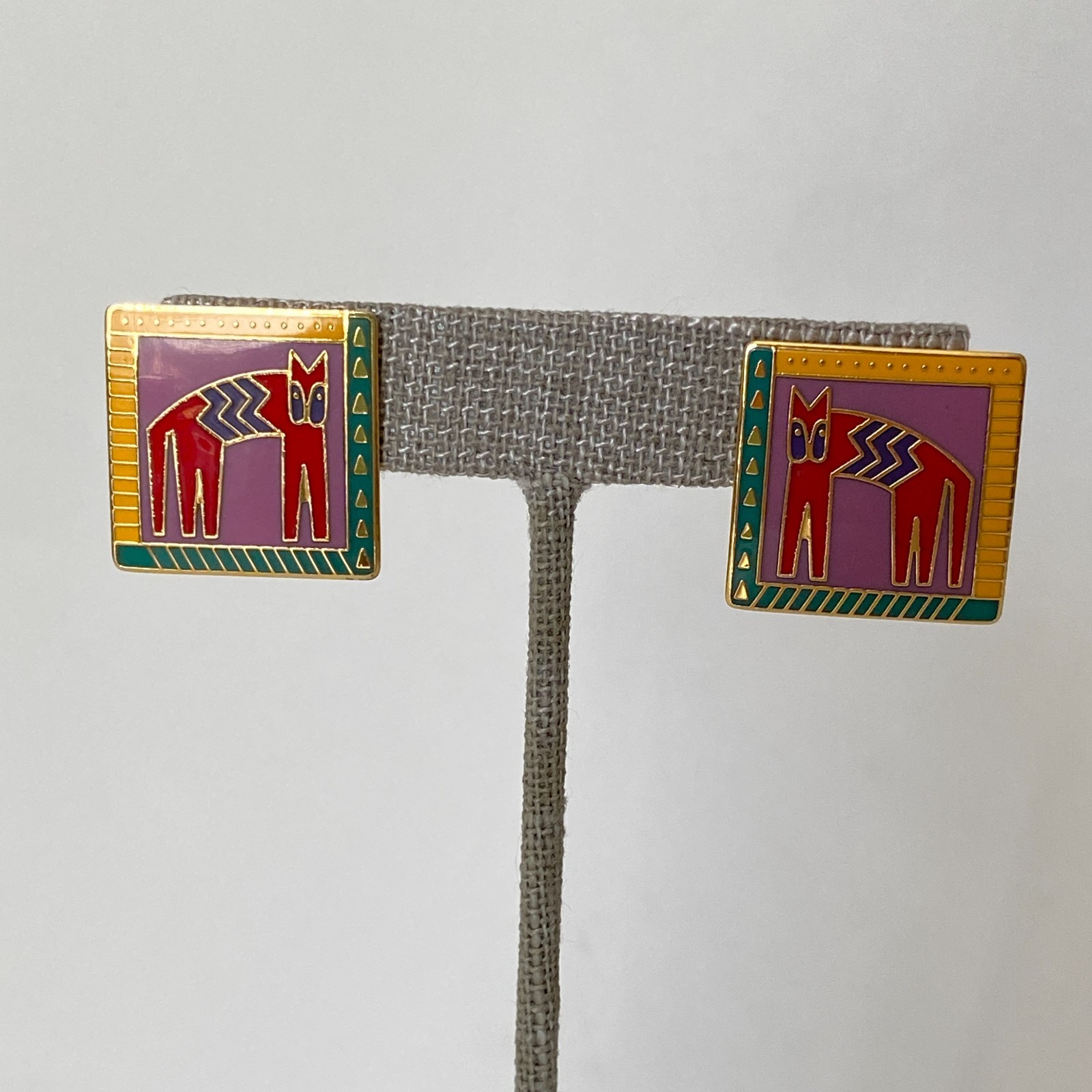 Laurel Burch Hieroglyphic Cat Enamel Square Post Earrings Signed Vintage