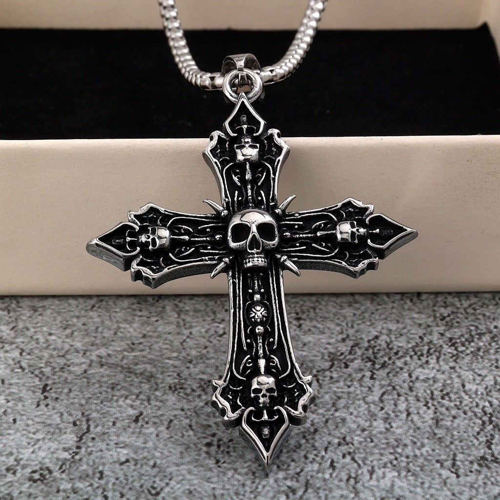 Retro Men Stainless Steel Pendant Gothic Biker Punk Skull Cross Pendant Necklace