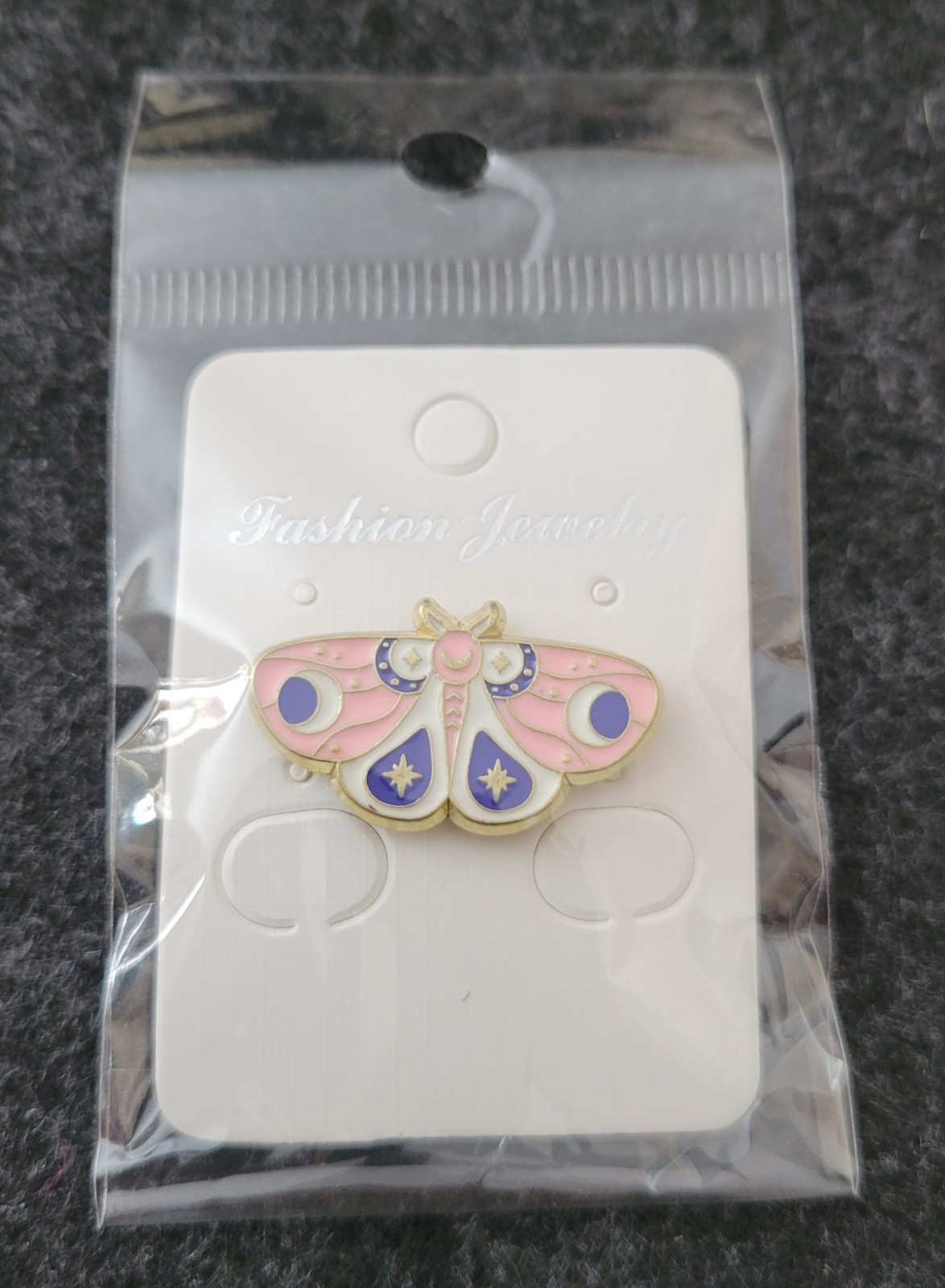 Pink Stars And Moons Moth Pin- Pink, Purple, White, Gold Tone Metal- New
