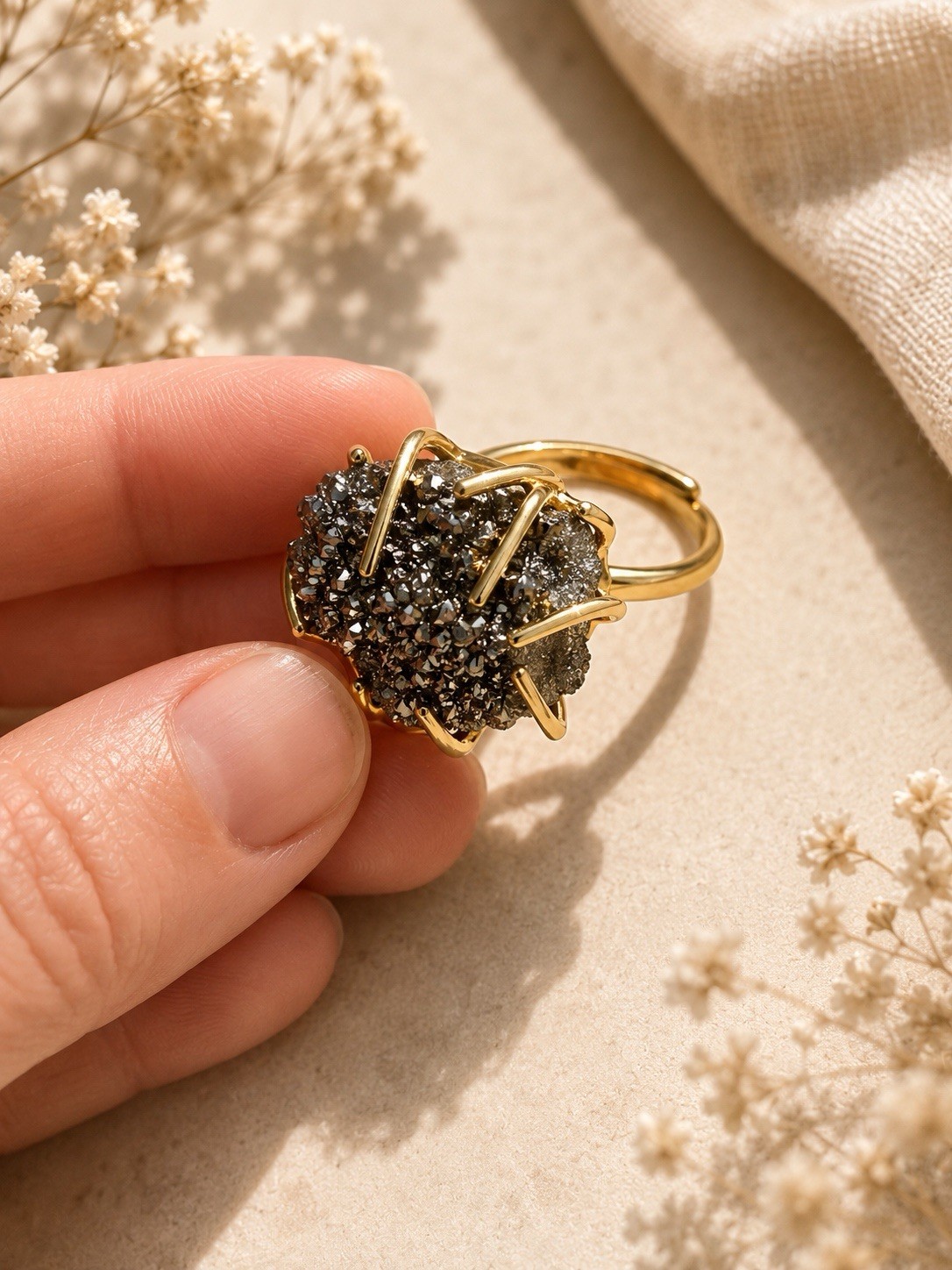 Ring Quartz AdjustableRing Irregular Silver Drusy Raw Quartz