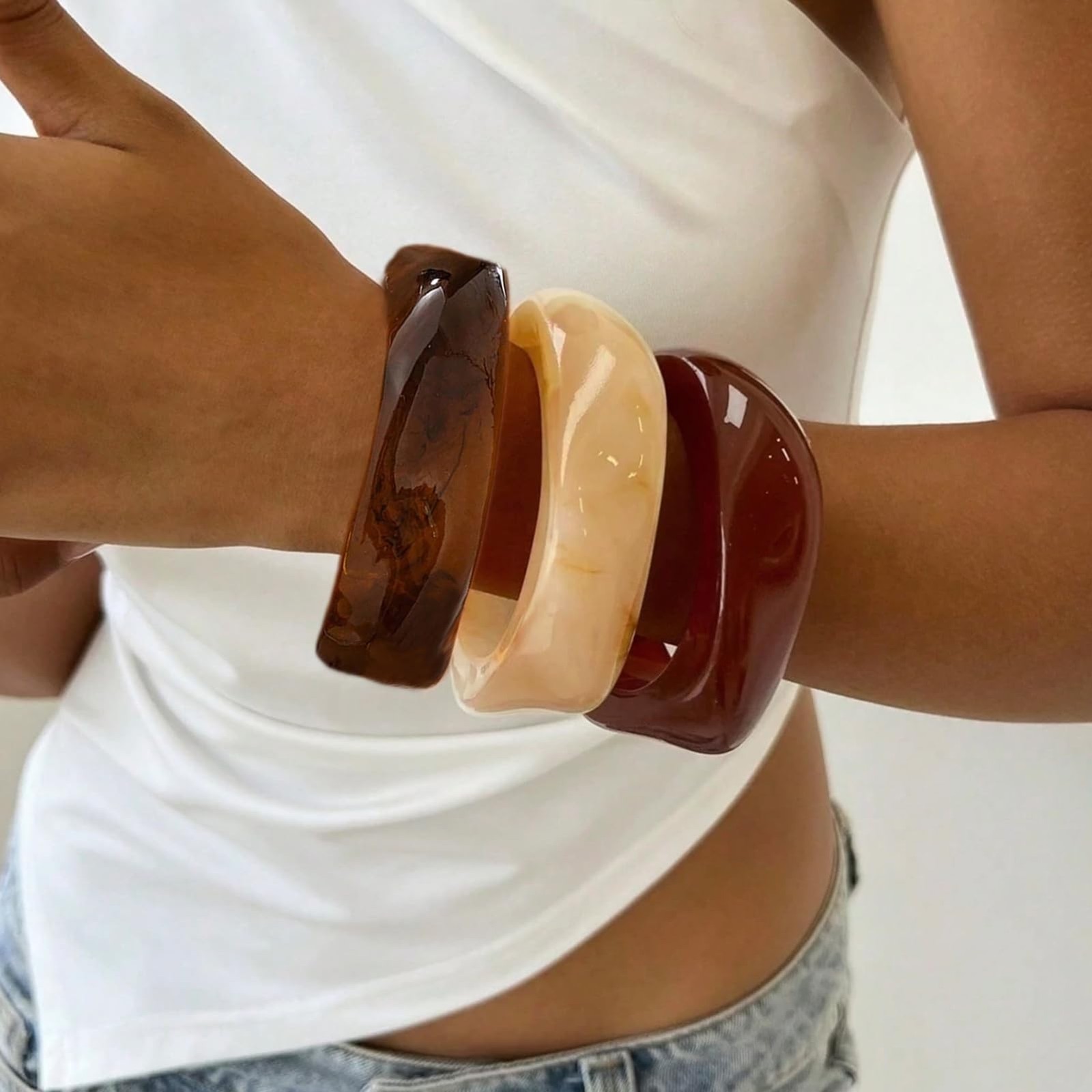 Chunky Resin Acrylic Bangle Bracelets for Women, Colorful Wide Geometric Bang…