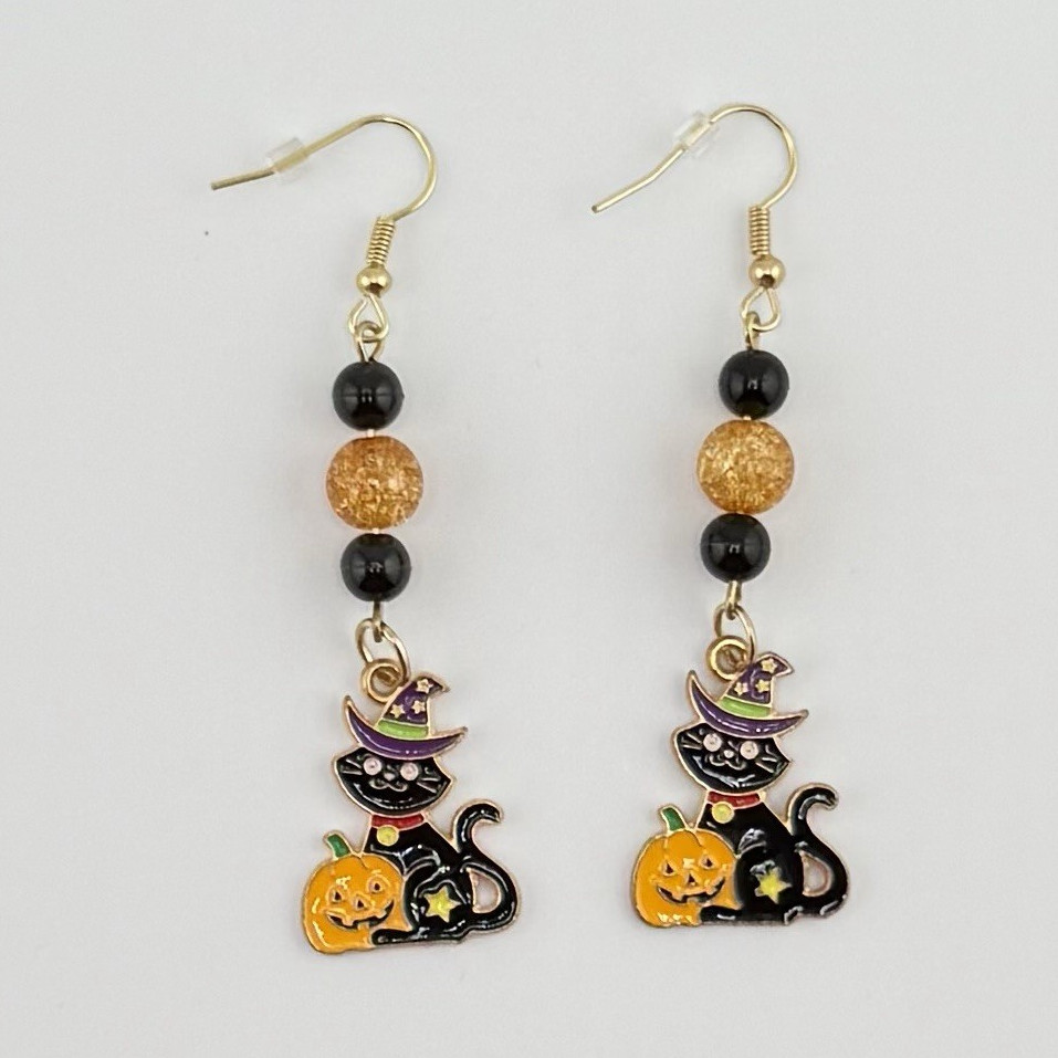 Beaded Dangle Drop Hook Earrings Nickel-Free Black Cat Pumpkin Multicolor