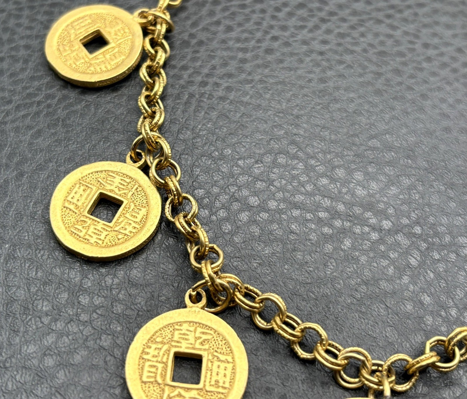 VTG Gold Tone Chinese Asian Style Coin Bib Charm Necklace Statement 23” Long