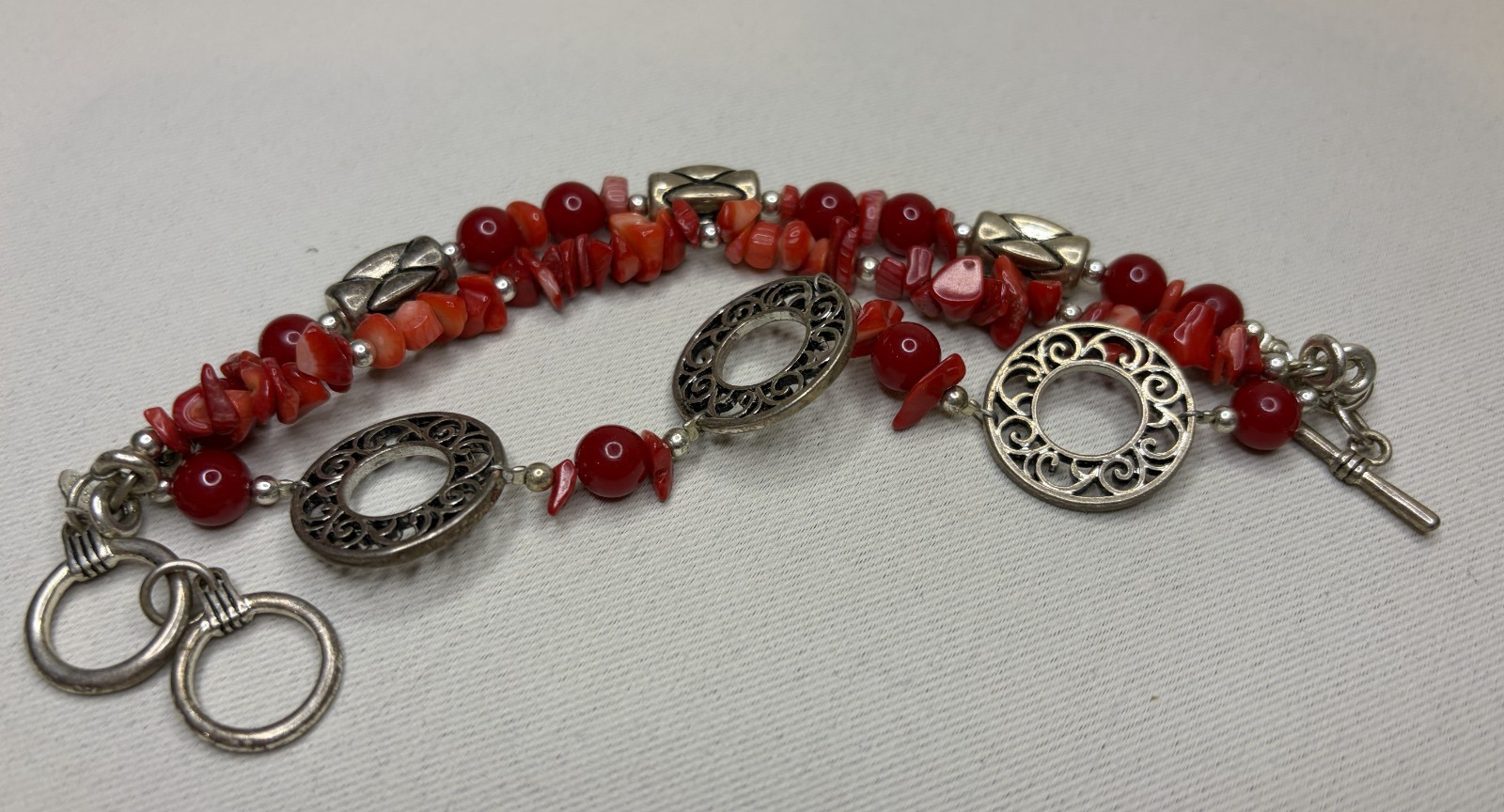Signed Chico’s Multi Strand Red Coral Chip Bead Toggle Bracelet Silver Tone 8″