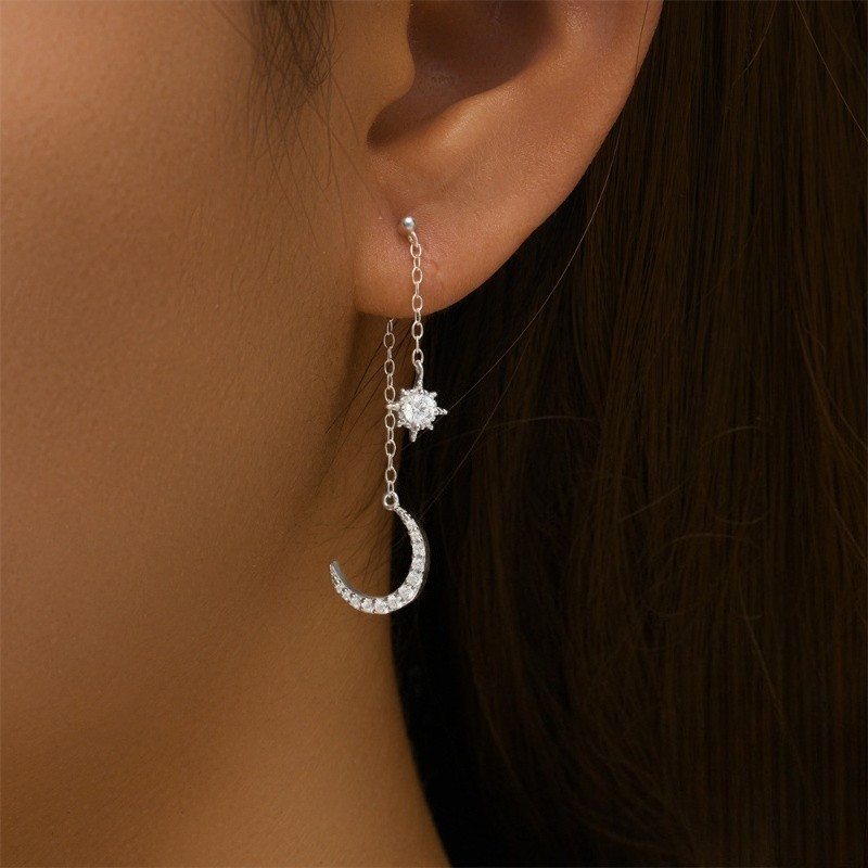 Women’s Long Earrings Fashion Zircon Tassel Star Moon Pendant Ear Studs Alloy